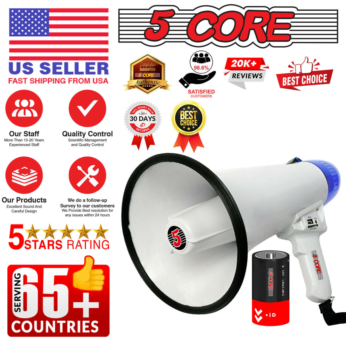 5 Core Megaphone Speaker Portable • 20W Bullhorn Loudspeaker w Siren Adjustable Volume Bull Horn