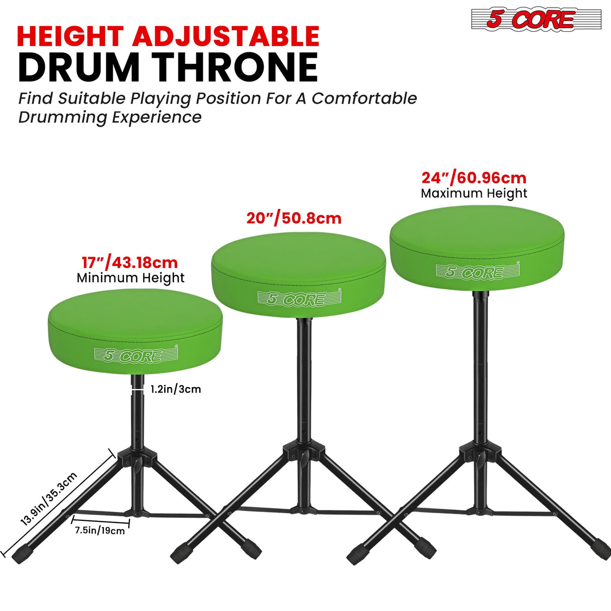 5Core Drum Throne Adjustable Guitar Stool Padded Drummer Seat for Adults & Kids GREEN