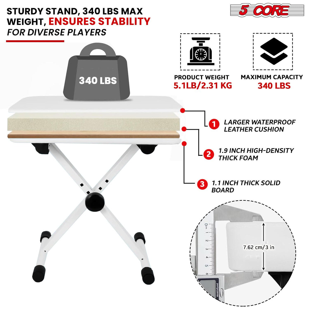 5 Core Keyboard Bench X Style Piano Stool Heavy Duty Adjustable Keyboards Chair White