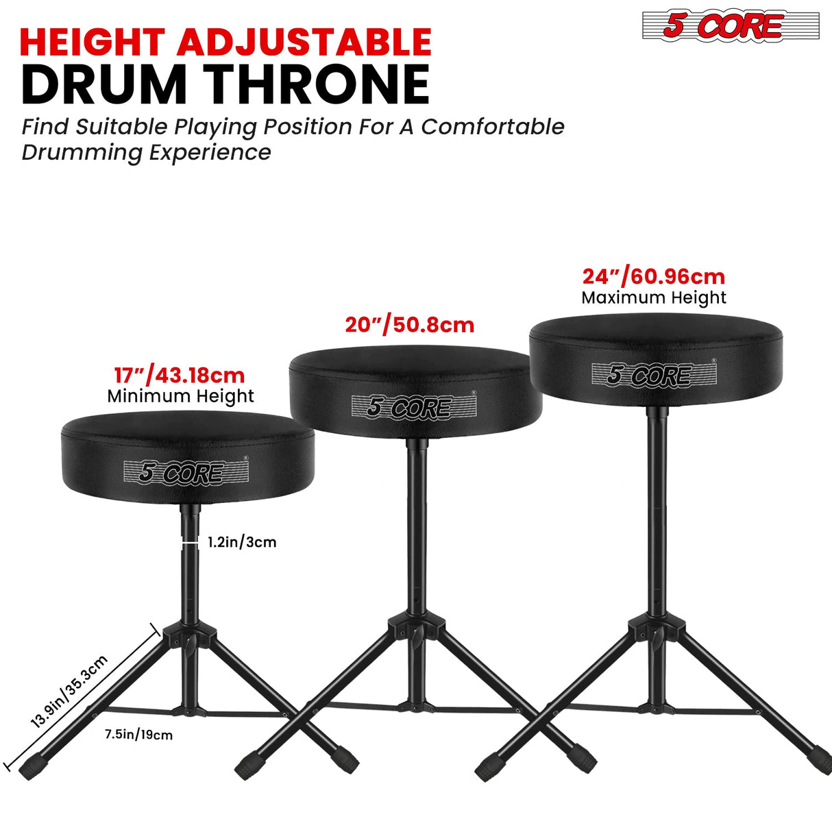 5Core Drum Throne Adjustable Guitar Stool Padded Drummer Seat for Adults & Kids BLACK