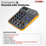 4-channel party mixer with Bluetooth, USB input, and EQ control for DJs and live events.