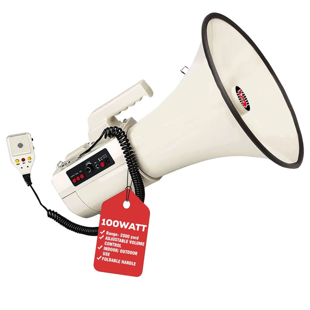 Portable megaphone with siren and bull horn for loud noise makers.