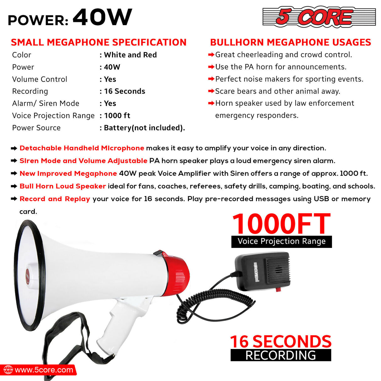 5 Core Portable Megaphone Speaker Battery Power 40W Bullhorn w Siren • Volume Adjustable Mega Phone