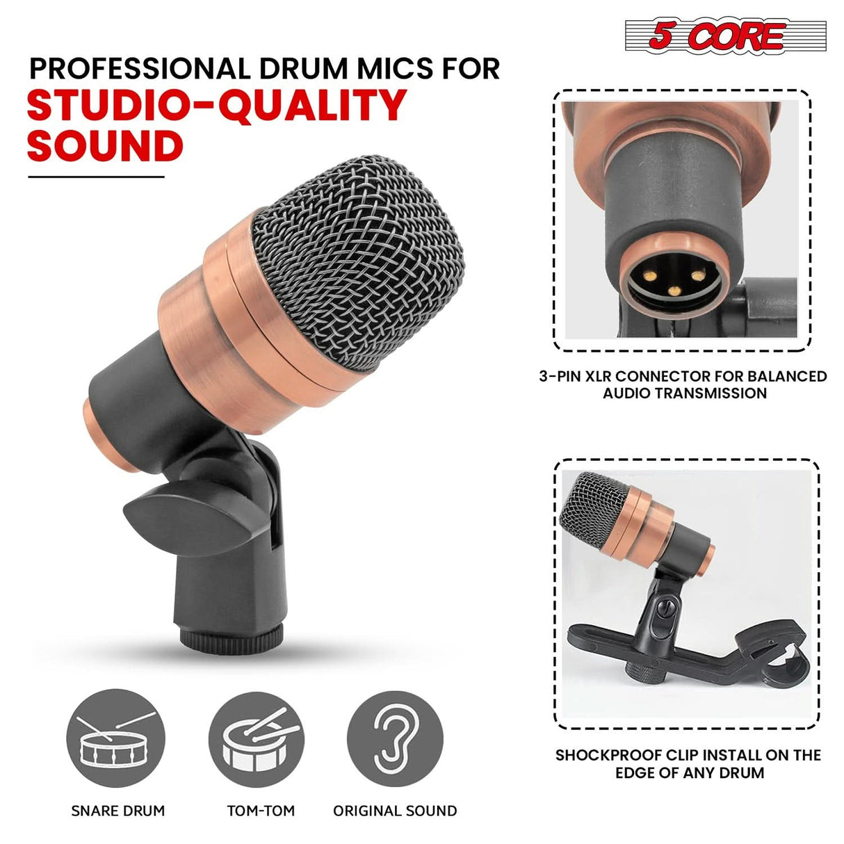 5Core Drum Mic Kit 7 Pcs Kick Bass Tom Snare Dynamic Microphone Instrument Mics Set COPPEREX