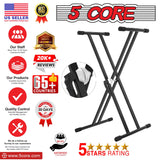 5Core Keyboard Stand Double X Style Adjustable Piano Riser For 49 To 88 Keys + Gear