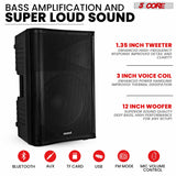 5 Core 12 Inch Professional 3000W Powered PA System Pair 2 Way TWS Bluetooth Speaker +4 Wireless UHF Mics +2 Stand +2 Bags XLR in/Out Active Preamp Outdoor Sound Set for DJ Party