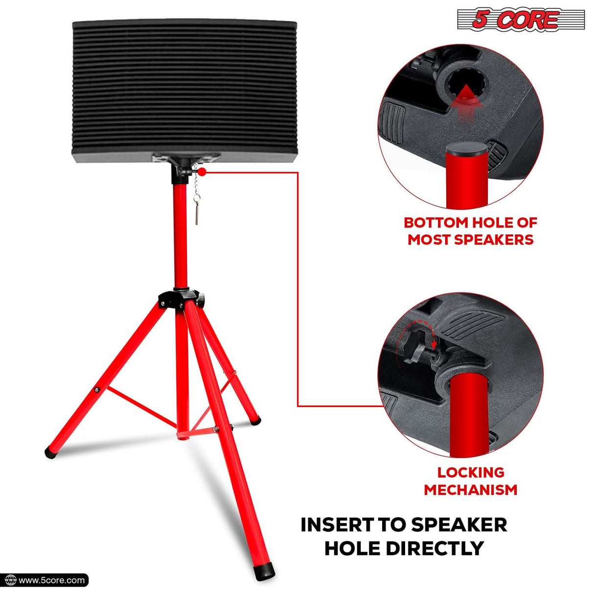 5Core Speaker Stand Tripod Tall Adjustable 72 Inch DJ Pole Mount Studio Monitor Stands RED