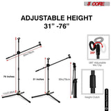 The mic stand features adjustable height for versatile and precise sound positioning