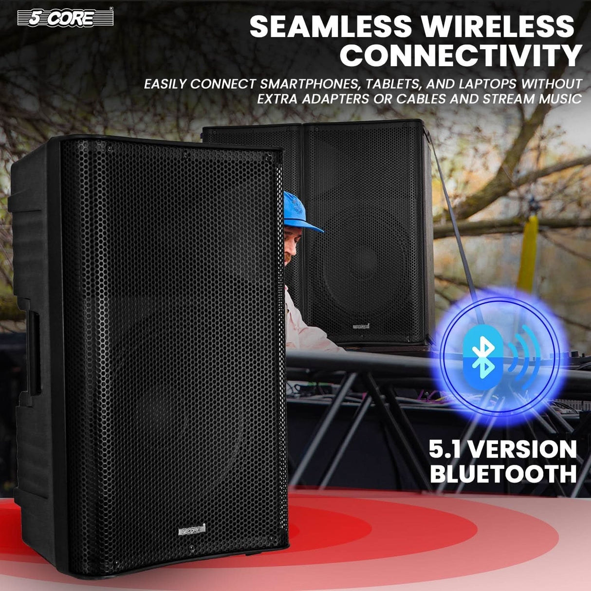 5 Core 15 Inch Professional 4000 W Powered PA System Pair 2 Way TWS Bluetooth Speaker +4 Wireless UHF Mics +2 Stand +2 Bags XLR in/Out Active Preamp Outdoor Sound Set for DJ Party