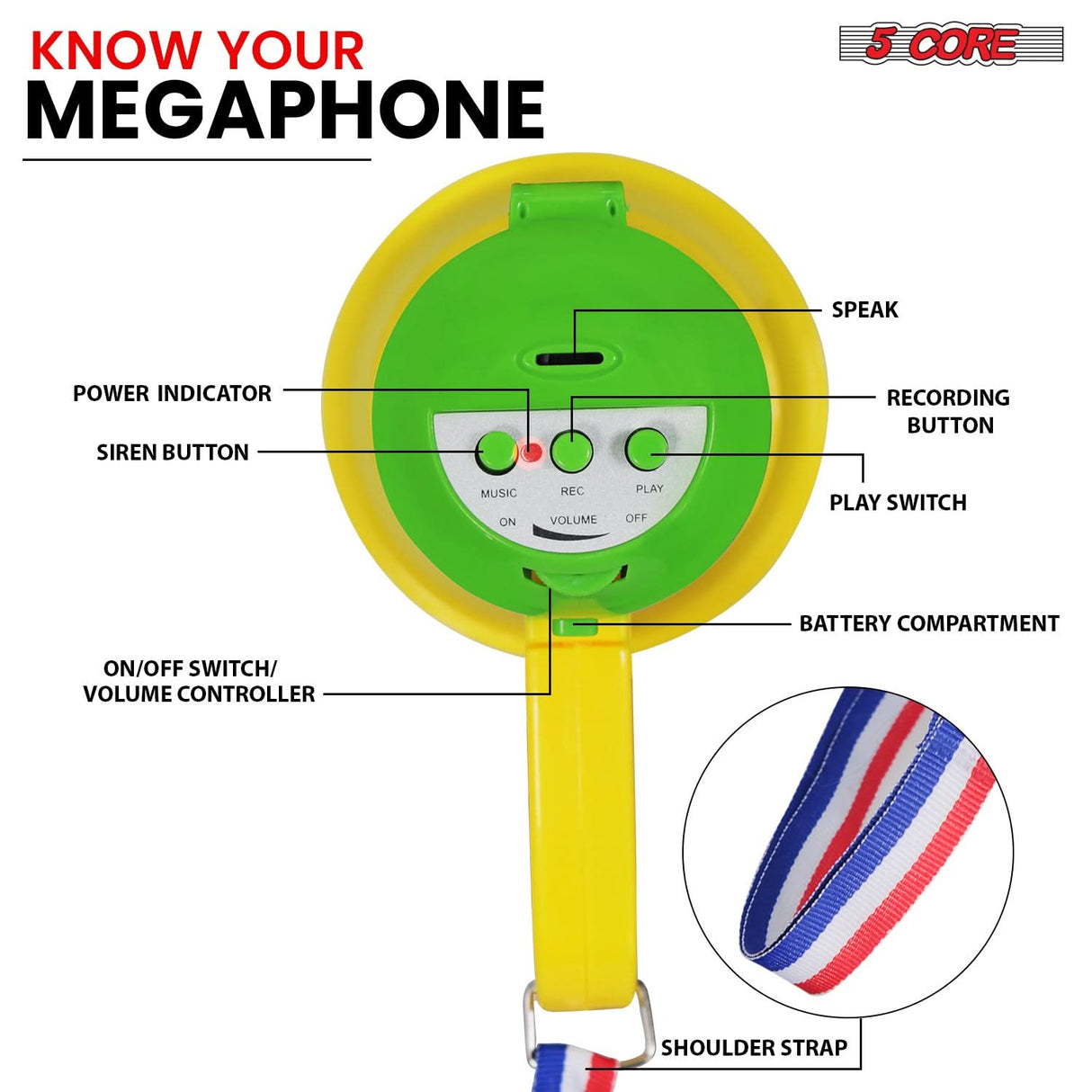 5Core Megaphone Bullhorn Speaker 15W Mini Battery Power Bull horn w Siren 400 Yard Range Yellow