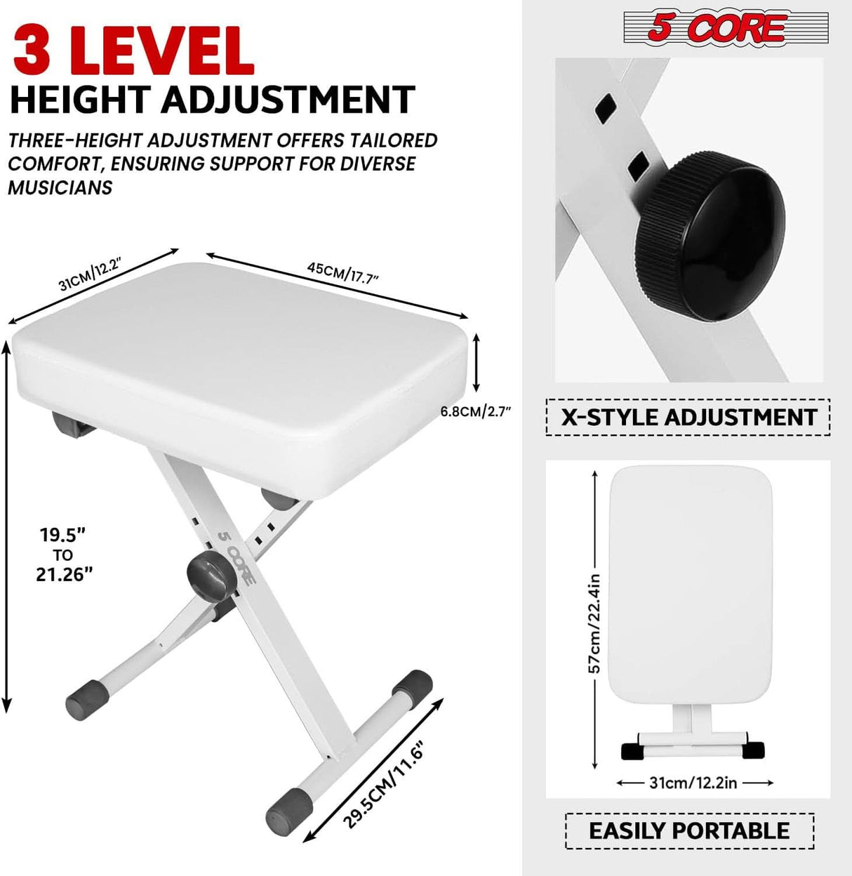 5Core Keyboard Stand Adjustable z Style Piano Riser + Keyboard Piano Bench WHITE