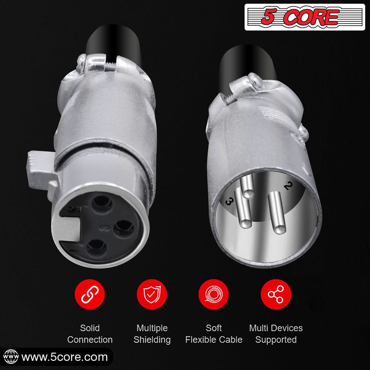 5Core XLR Connector Male Female to 1/4 Audio Jack 3 Pin Secure Mic Plug w Locking Ends