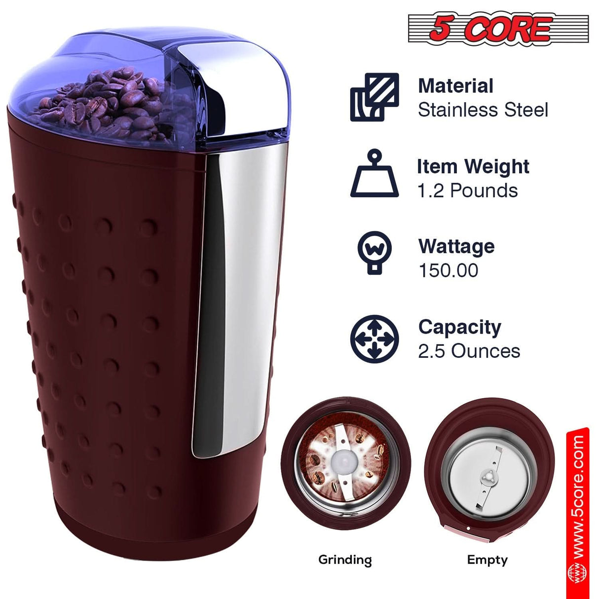 Powerful 150W Coffee and Spice Grinder by 5 Core