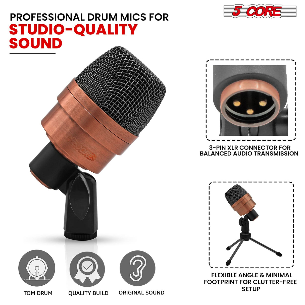 5 Core Tom Snare Mic Cardioid Dynamic Microphone for Drum Kit Precision Instrument COPPER