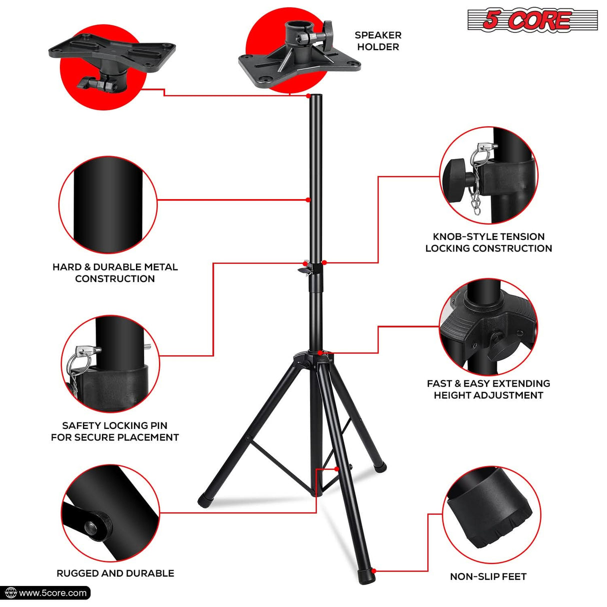 5 Core Speaker Stand Tripod Heavy Duty Adjustable Up to 72 Inch DJ Studio Monitor Stands Pole Mount Black