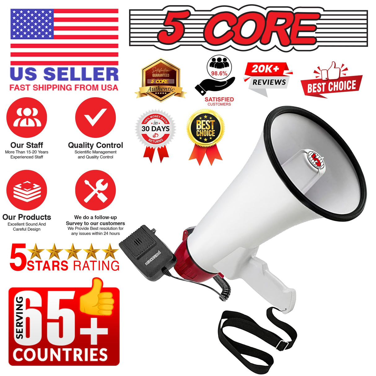 5Core Megaphone Bullhorn Speaker 50W Bull Horn Rechargeable Cheer Megafono 1000 Yards BLUETOOTH