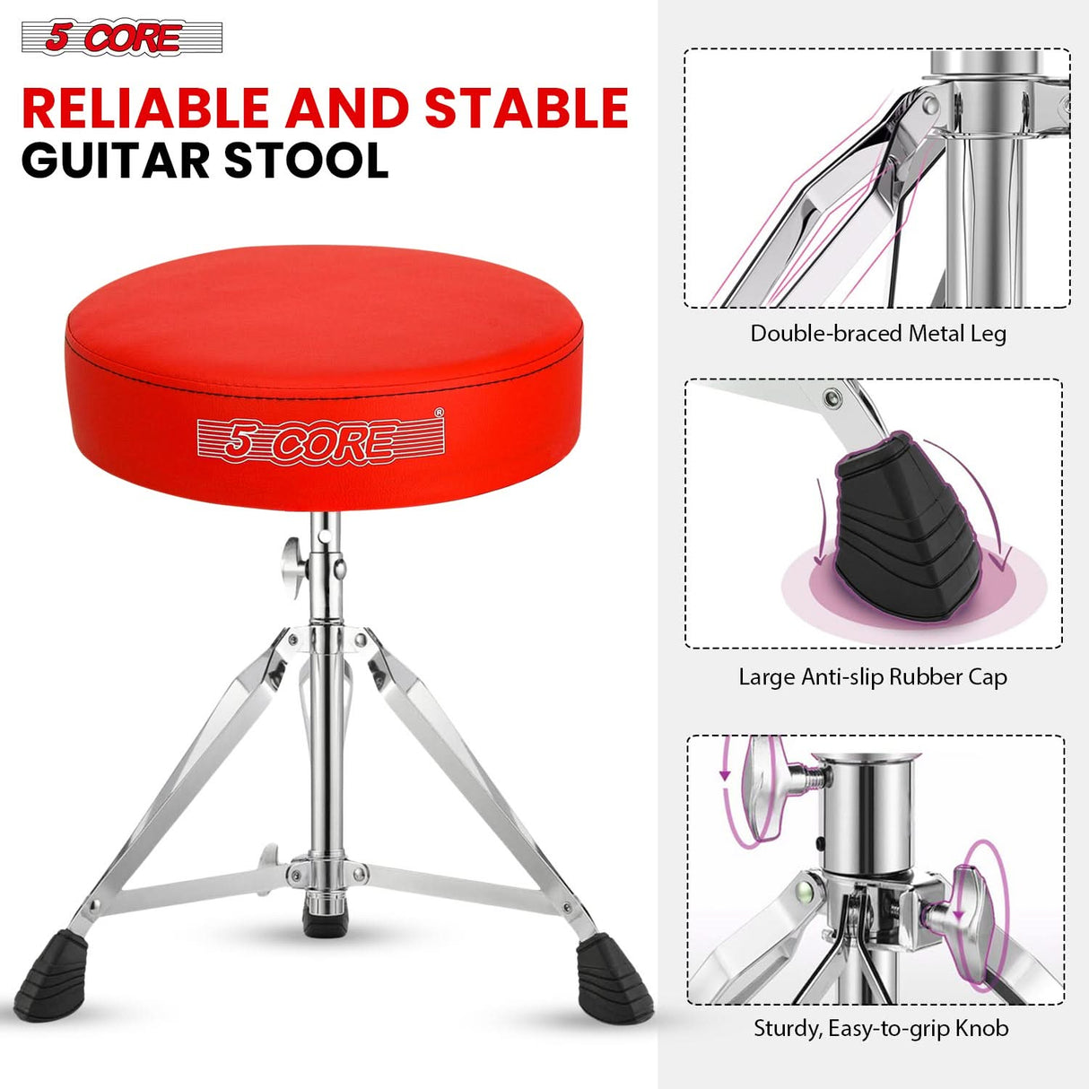 Durable drummer seats for adults and kids with double-braced metal legs, large anti-slip rubber caps, and sturdy, easy-to-grip knob