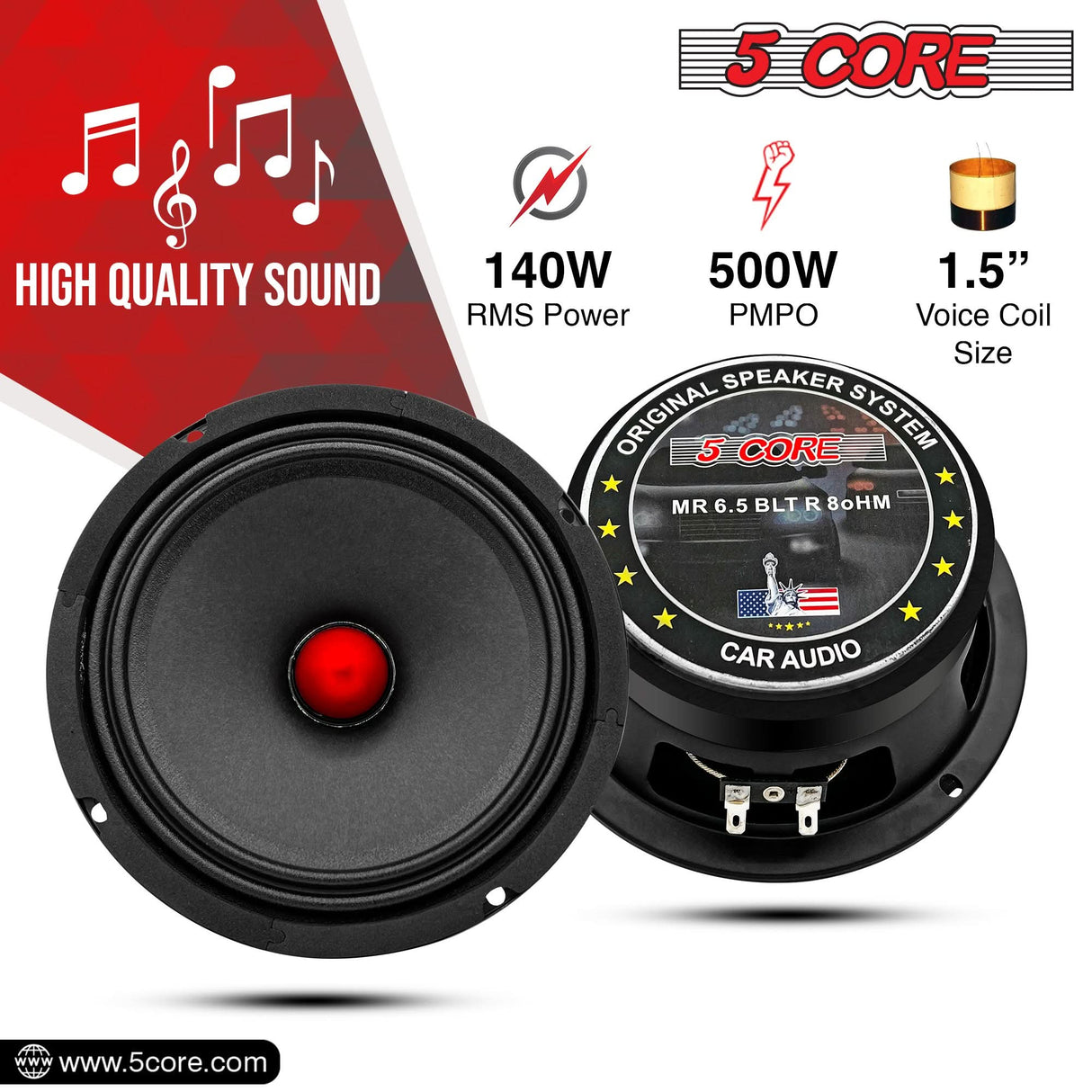 5Core 6.5 Inch Midrange Door Speaker 580W PMPO Subwoofer w Aluminum Bullet 8O Sub Woofer