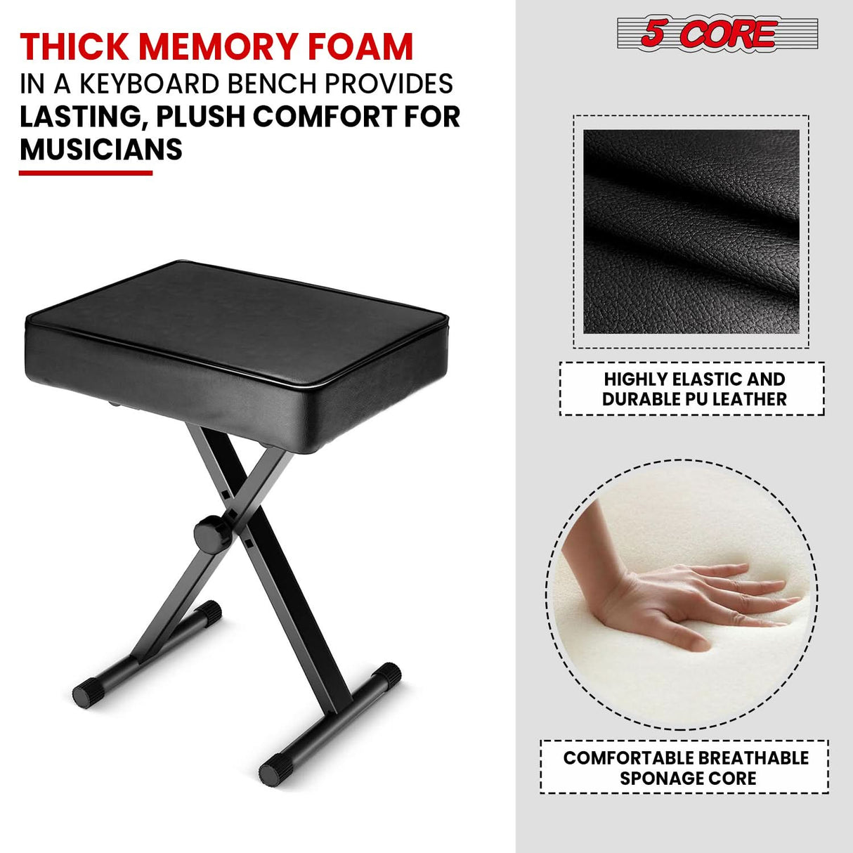 5 Core Keyboard Bench X Style Piano Stool Heavy Duty Adjustable Keyboards Chair Black