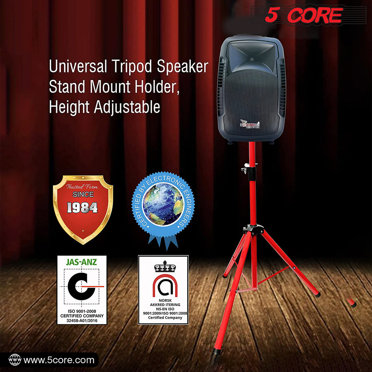 5 Core PA Speaker Stands Adjustable Height Professional Heavy Duty DJ Tripod with Mounting Bracket, Tie and Carrying Bag, Extend from 40 to 72 inches, Red - Supports 132 lbs SS HD 1PK RED
