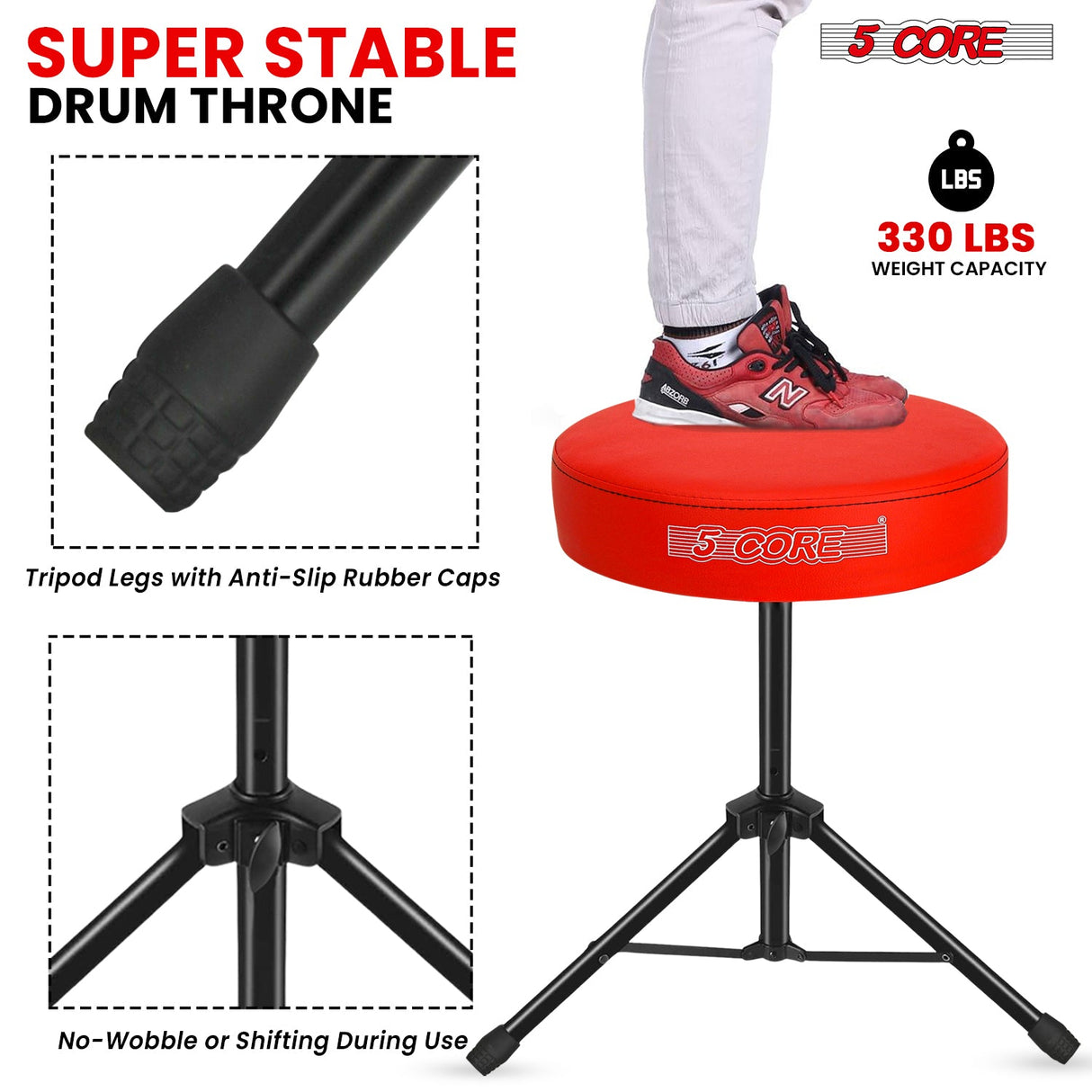 5Core Drum Throne Adjustable Guitar Stool Padded Drummer Seat for Adults & Kids RED