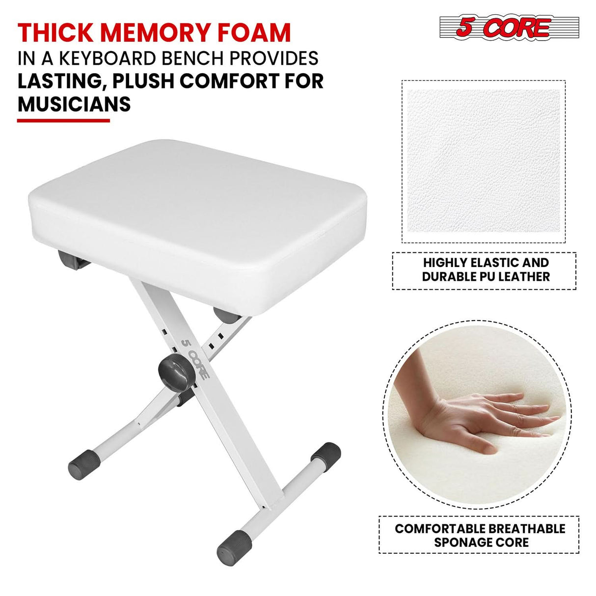 5 Core Keyboard Bench X Style Piano Stool Heavy Duty Adjustable Keyboards Chair White