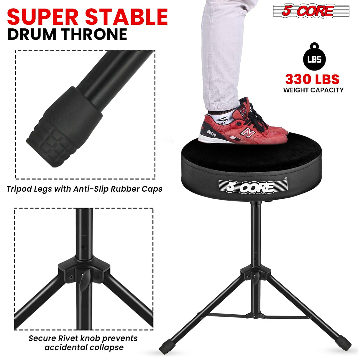 5Core Drum Throne Adjustable Guitar Stool Padded Drummer Seat for Adults & Kids VELVET BLACK