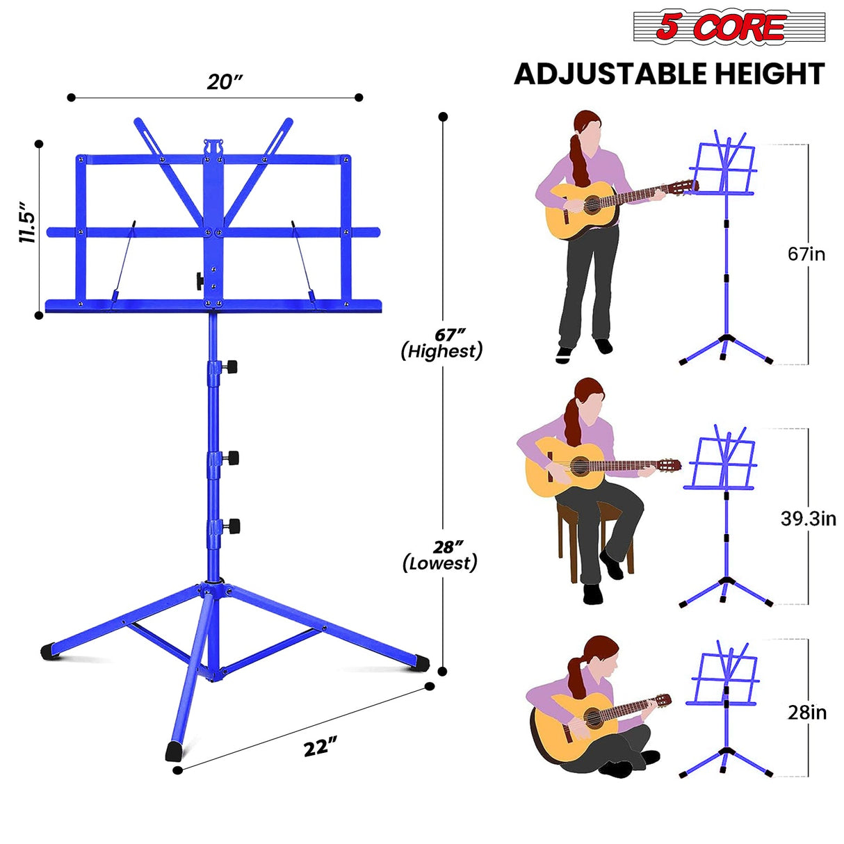 5Core Music Stand For Sheet Music Portable Tripod Adjustable Folding Note Holder BLACK