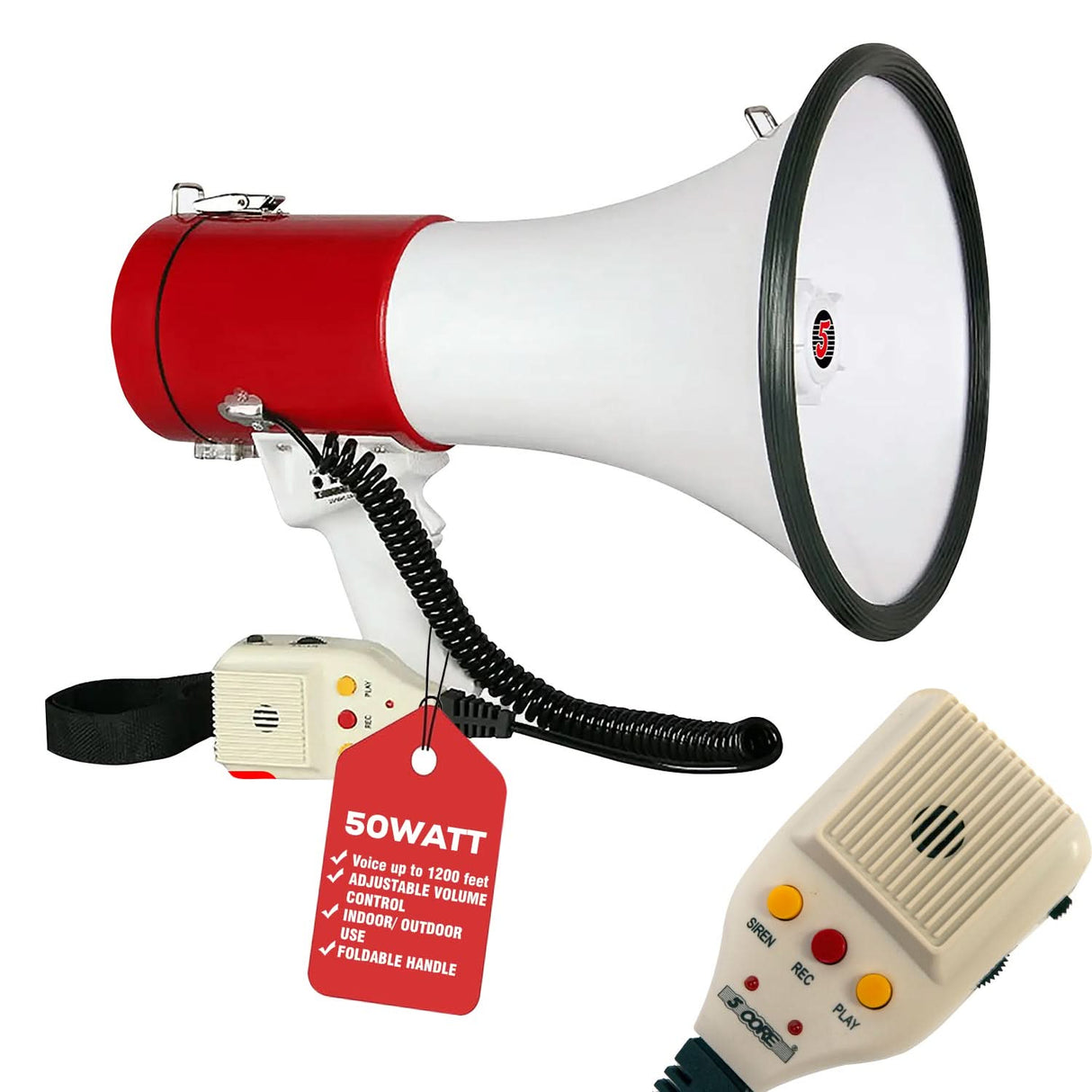 50-watt handheld megaphone features a siren, volume control, and a foldable handle for easy portability.