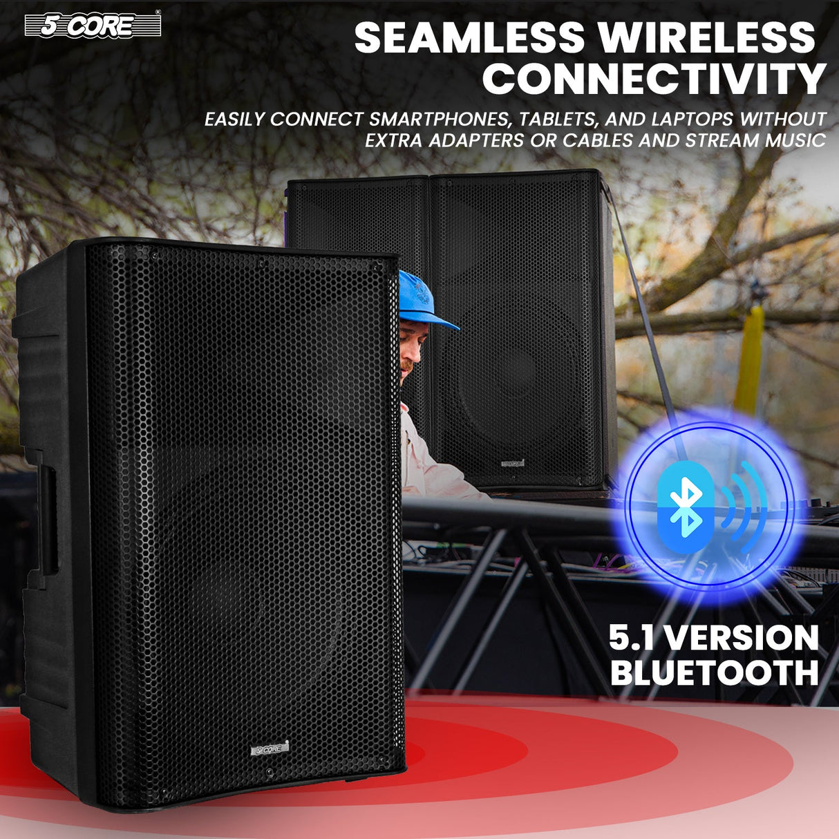 5 Core 12 Inch Professional 3000W Powered PA System Pair 2 Way TWS Bluetooth Speaker +4 Wireless UHF Mics +2 Stand +2 Bags XLR in/Out Active Preamp Outdoor Sound Set for DJ Party