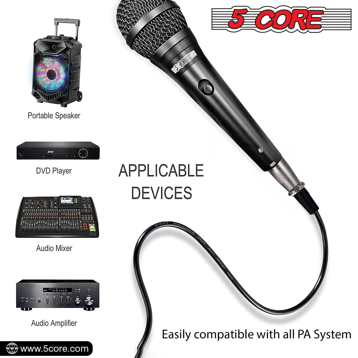 5 Core Foldable Tripod Mic Stand + Premium Vocal Dynamic Cardioid Mic Combo: Adjustable height, telescoping boom arm, secure tension lock. Includes 16ft XLR cable, mic clip, on/off switch. Ideal for karaoke MS 080 +ND58