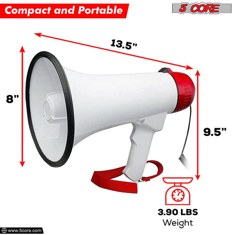 5Core Megaphone Bullhorn Speaker 50W Bull Horn Cheer Megafono 1000 Yards Battery