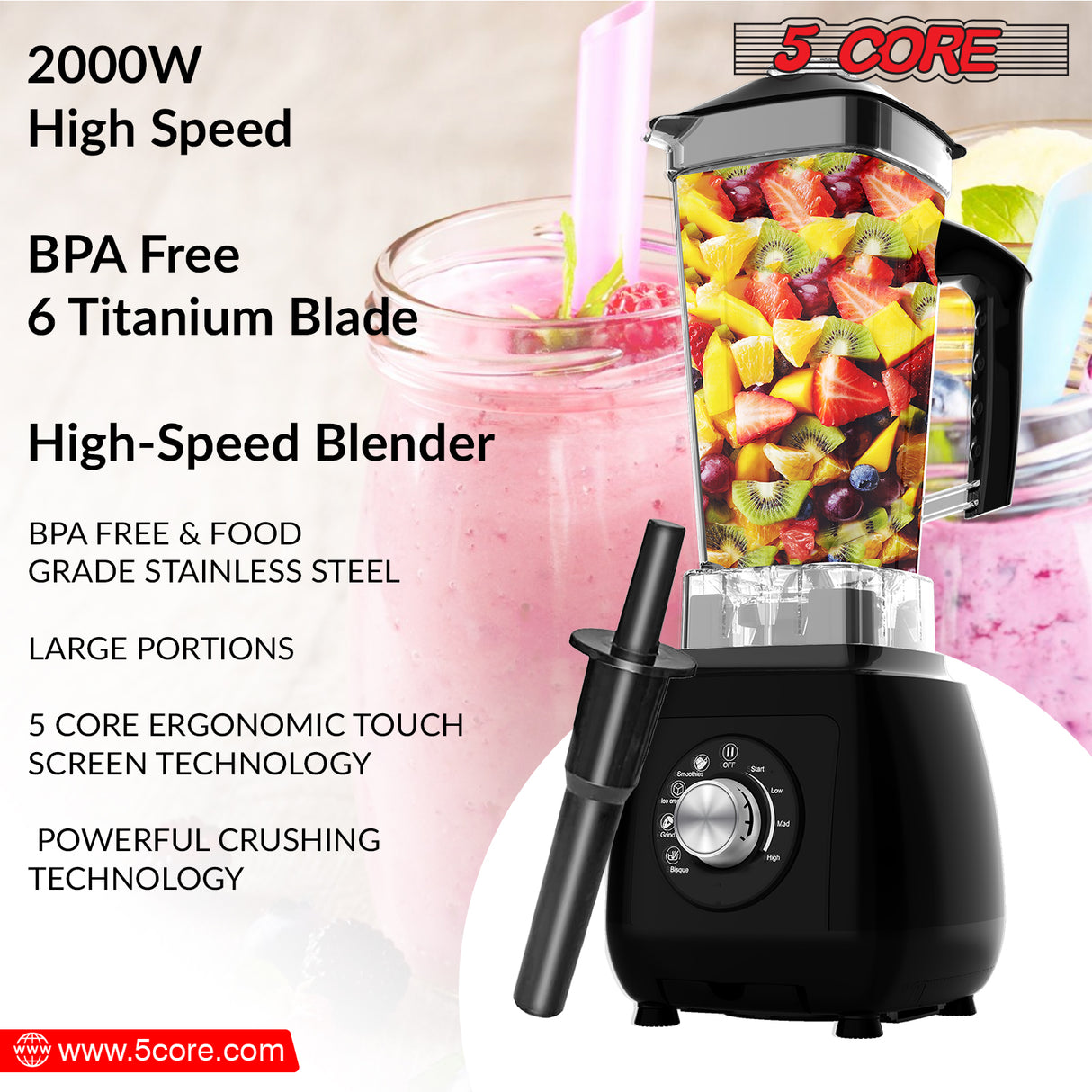 5 Core 2000W Personal Blender for Shakes, Smoothies, Food Prep, and Frozen Blending with Titanium Blade, 68oz Blender Cup- JB 2000 M