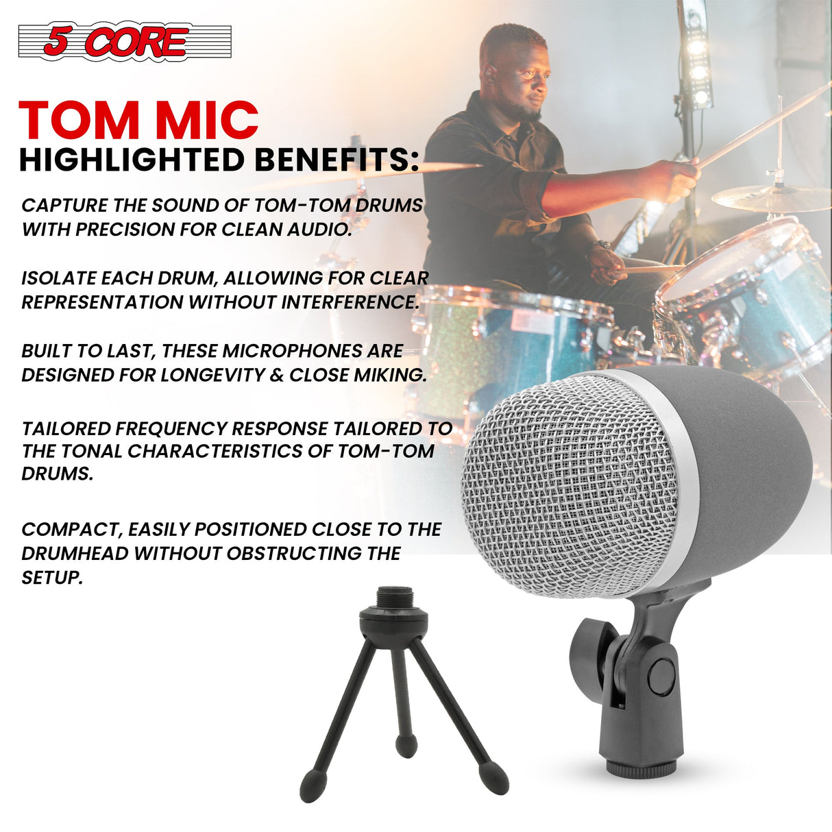 5 Core Tom Snare Mic Cardioid Dynamic Microphone for Drum Kit Precision Instrument GRAY