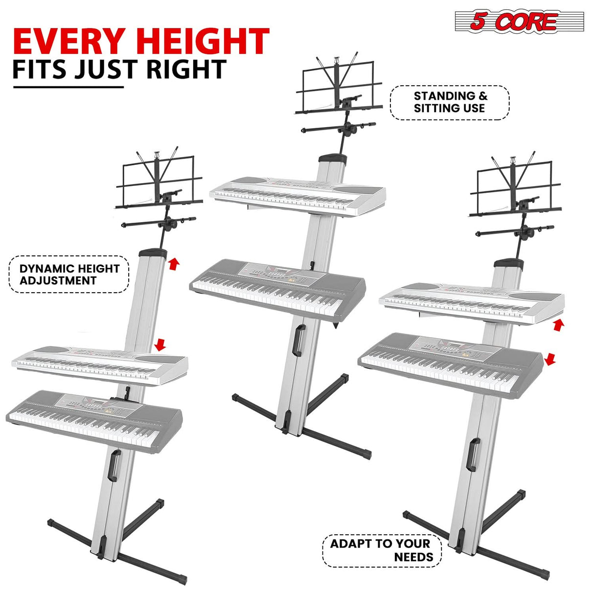 5Core Keyboard Stand 2 Tier Classic Adjustable Electric Piano Sturdy Holder SILVER