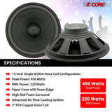 5Core 15 Inch Subwoofer Speaker 450W Max 4Ohm Replacement Sub woofers 2 PCS