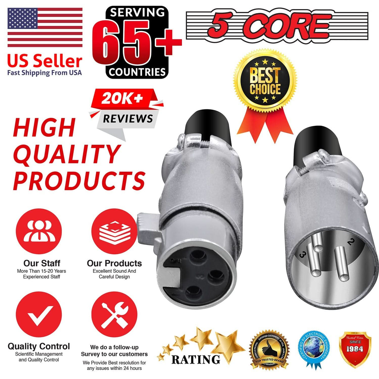 5Core XLR Connector Male Female to 1/4 Audio Jack 3 Pin Secure Mic Plug w Locking Ends