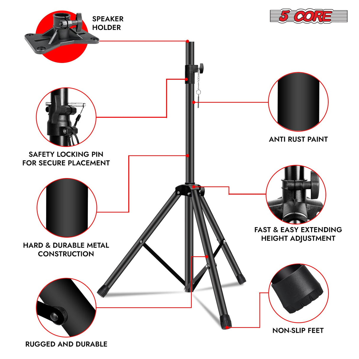 5 Core Speaker Stand Tripod Heavy Duty Adjustable Up to 72 Inch DJ Studio Monitor Stands Pole Mount Black