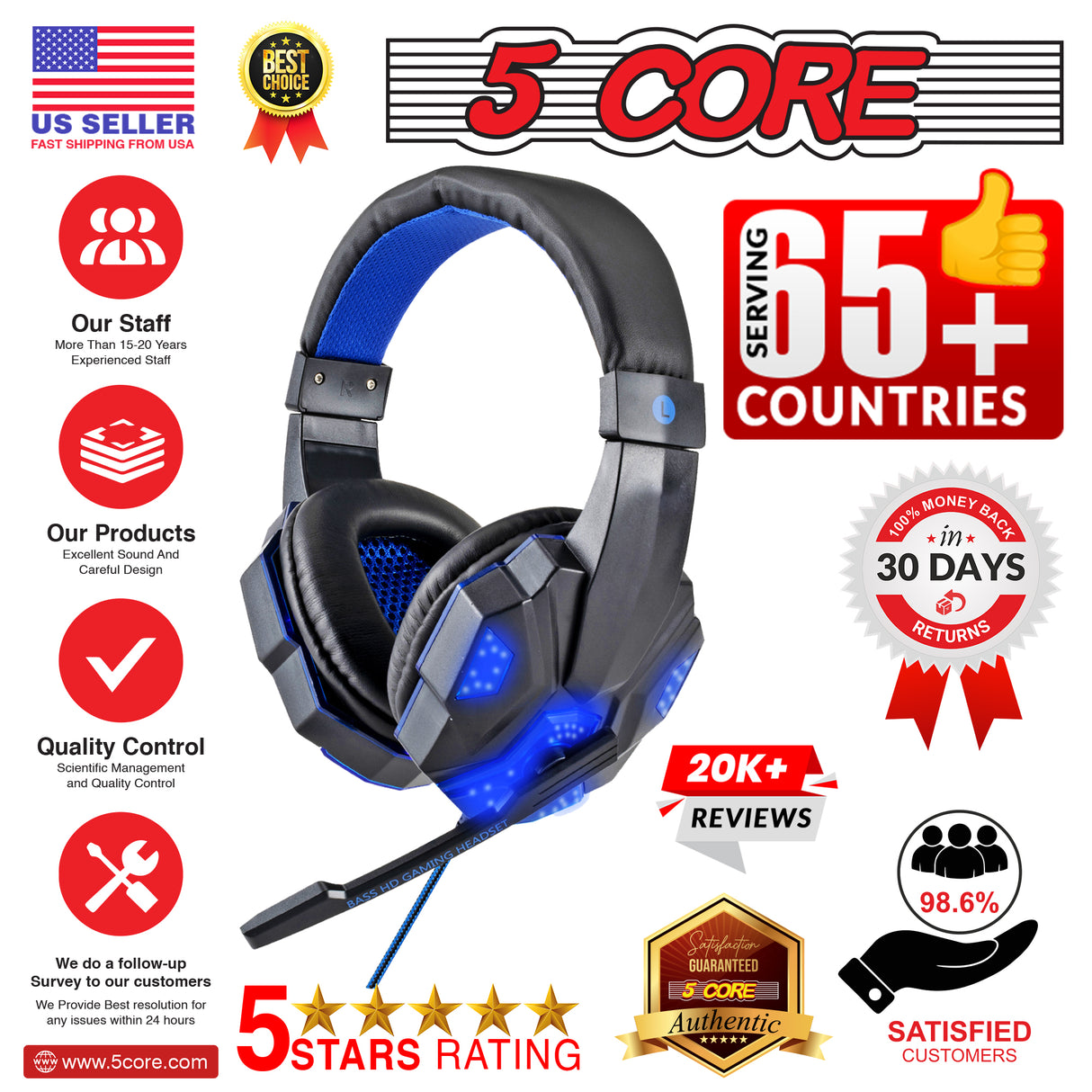 5 CORE Gaming Headset for PS4 PC One PS5 Console Controller, Noise Cancelling Microphone Over Ear Stereo Headphones with Mic, LED Light, Bass Surround, Earmuffs for Laptop Mac NES Games HDP GM1 B