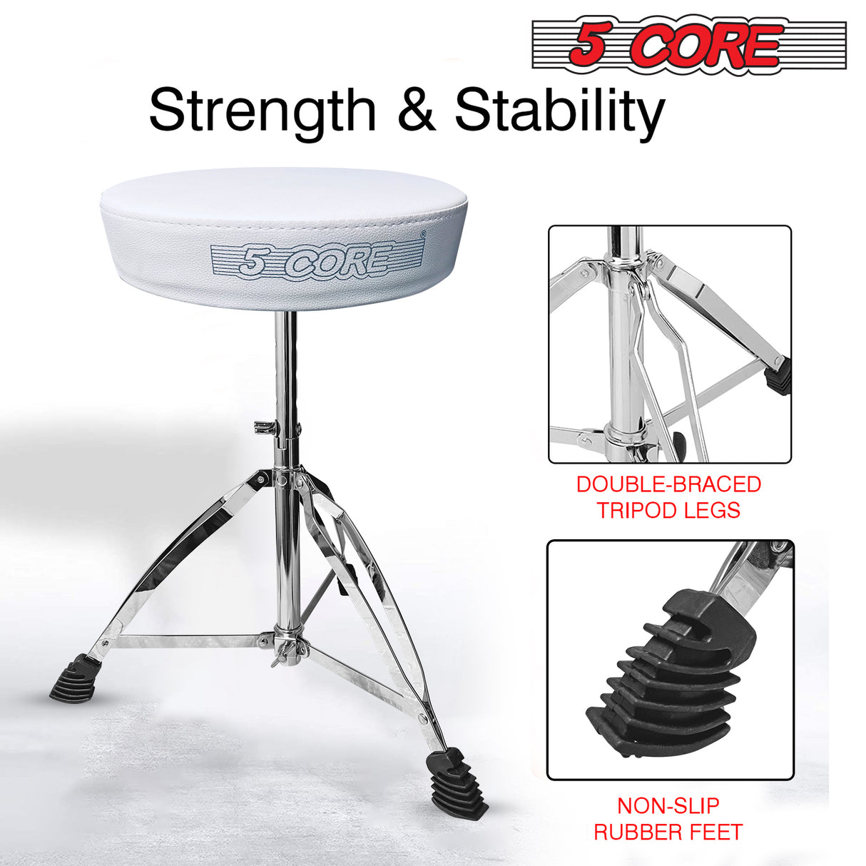 5 Core Drum Throne White| Height Adjustable Padded Seat Drum Stool| Folding Portable Drummer Throne with Anti-Slip Feet| with two Drumsticks, Drum Chair for Kids and Adults- DS CH WH