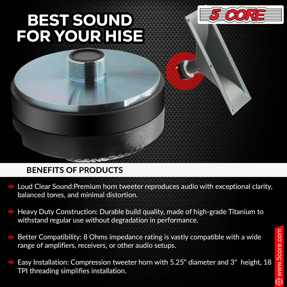 5 Core Compression Driver 135W RMS 8 Ohm Titanium Horn Throat Tweeter Speaker 18 TPI Threading