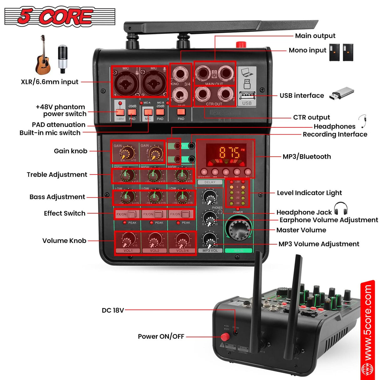 5Core Audio Mixer Sound Board 4 Channel PA DJ Stereo Receiver w Bluetooth USB DJ PA Karaoke Mixing BLACK