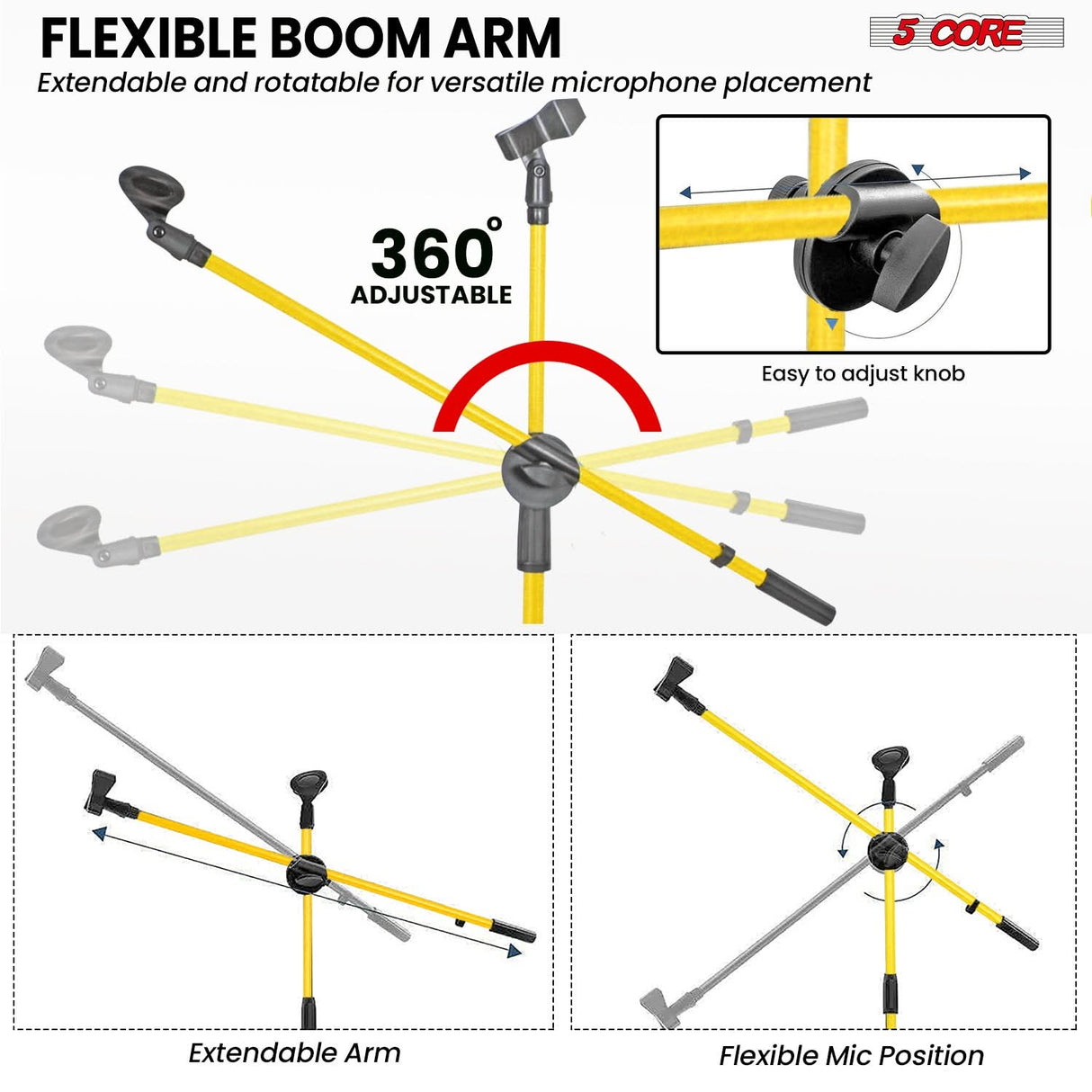 5Core Tripod Mic Stand Adjustable Heavy Duty Floor Holder Microphone Boom Arm YELLOW