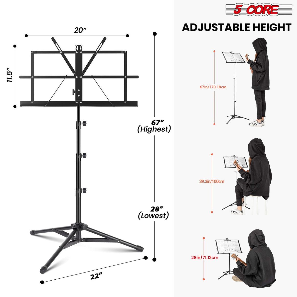 5Core Music Stand For Sheet Music Portable Tripod Adjustable Folding Note Holder BLACK