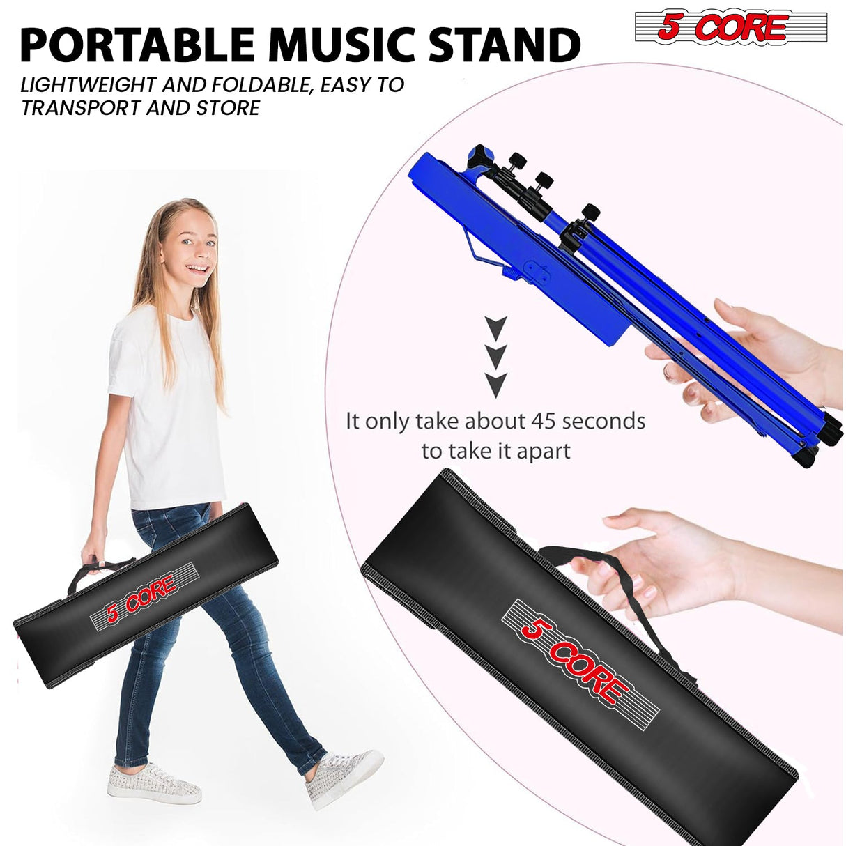 5Core Music Stand For Sheet Music Portable Tripod Adjustable Folding Note Holder BLACK