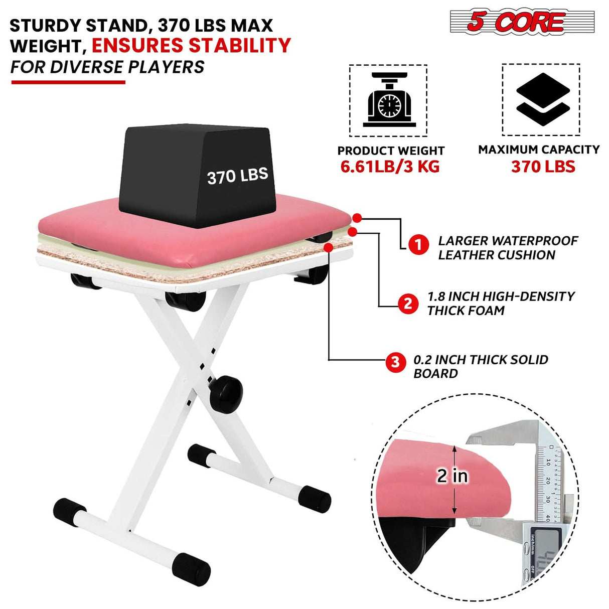 5 Core Keyboard Bench X Style Piano Stool Padded Adjustable Keyboards Chair Pink