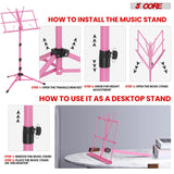 5Core Music Stand For Sheet Music Portable Tripod Adjustable Folding Note Holder Higher PINK