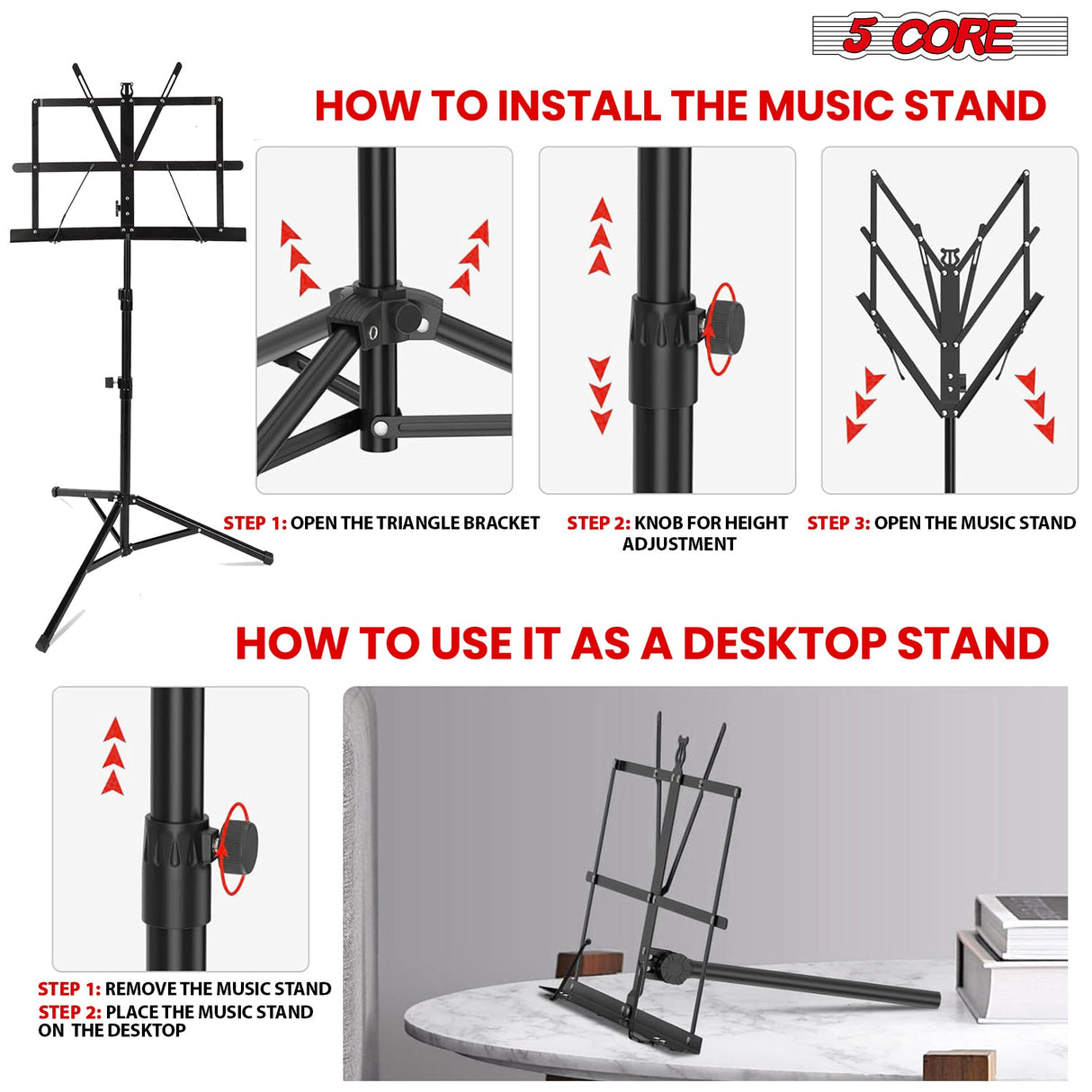 5Core Music Stand For Sheet Music Portable Tripod Adjustable Folding Note Holder BLACK