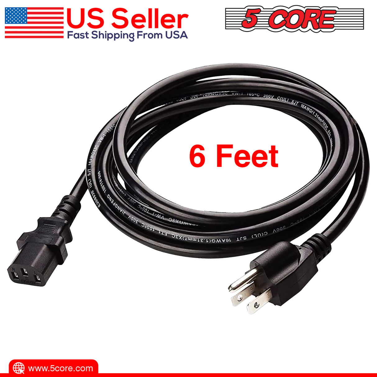 5 Core 6 Feet 5 Pieces 3 Prong Replacement AC Wall Power Cord for LCD Computer Monitor PS3 PS4 PS5 Copper Wire PC 1001 5Pcs