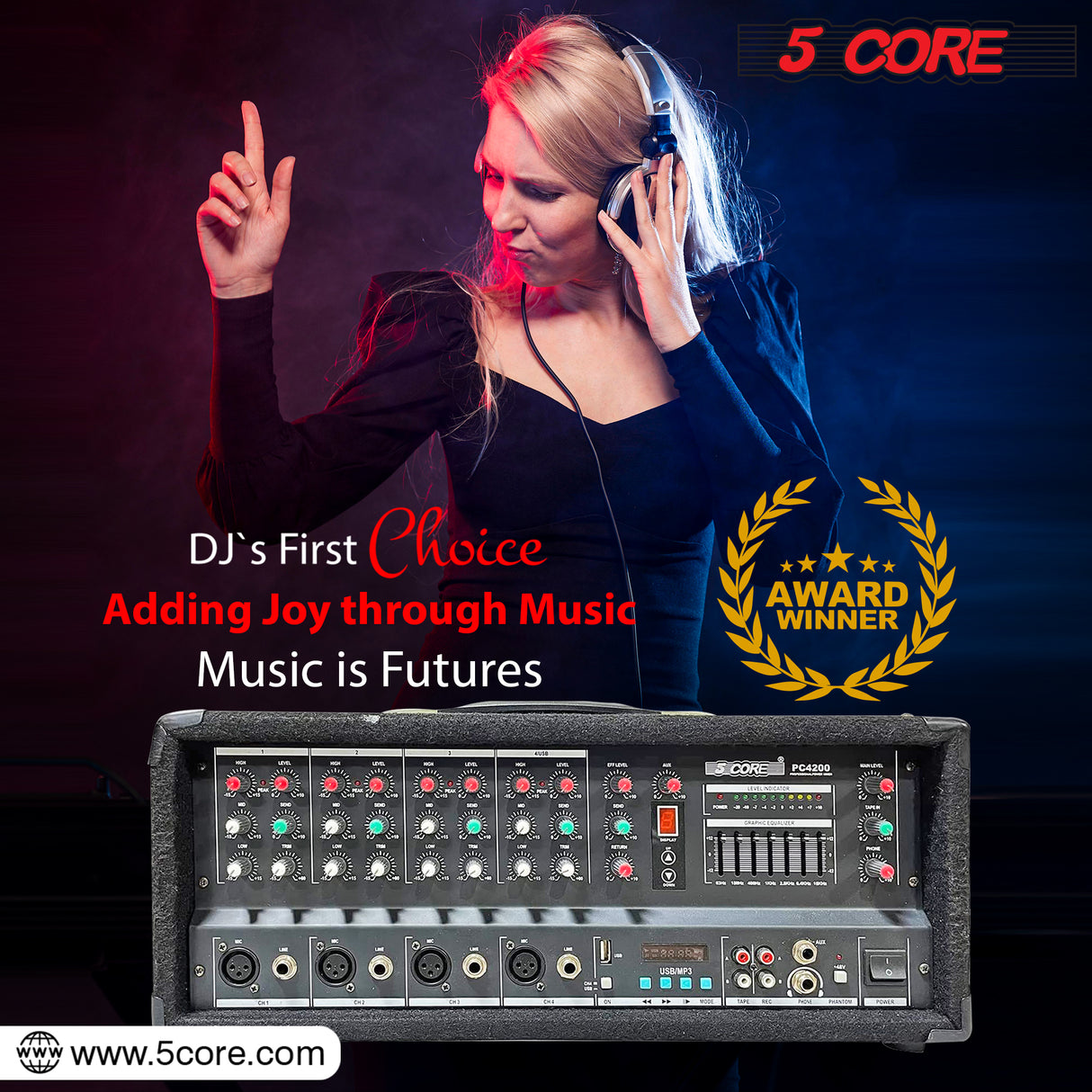 5 Core 4 Channel Powered DJ Mixer Peak Power 600W With Travel Case Microphone Input, AUX, USB, TF card & Headphone Jack for Stereo Mixing Effects Hard Shell Protection Power Indian Made Audio MIXER 4200